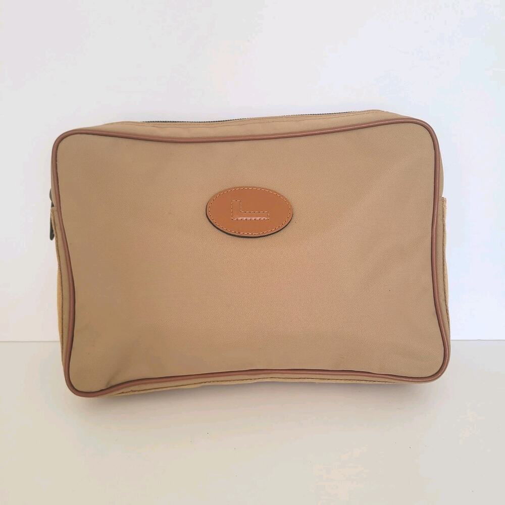 Lancel Paris‎ Vintage Zip Pouch Handbag Nylon Leather Beige Designer Guality